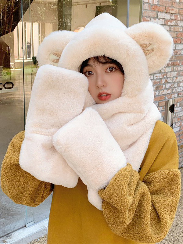 Beige Casual Cute Winter Keep Warm Faux Fur Bear Scarf&hat