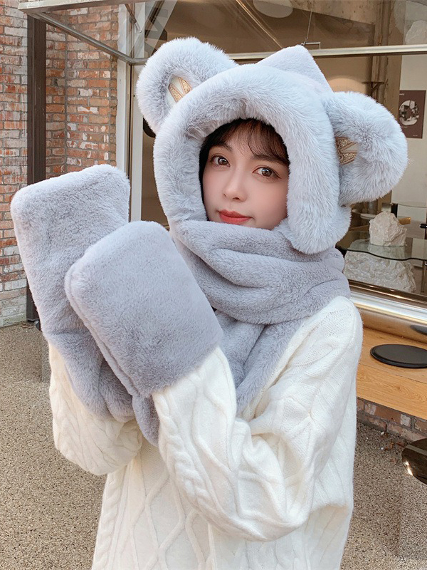 Gray Casual Cute Winter Keep Warm Faux Fur Bear Scarf&hat