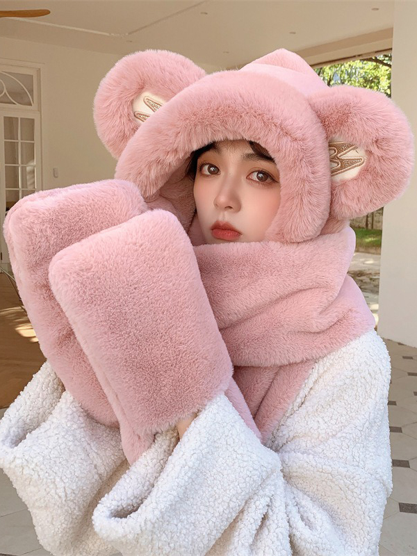 Deep Pink Casual Cute Winter Keep Warm Faux Fur Bear Scarf&hat