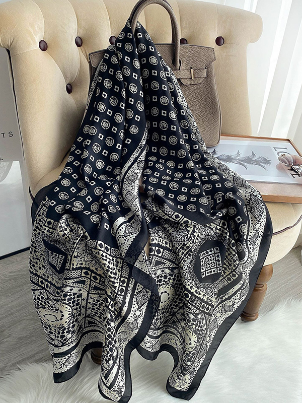 Black Vintage Multi-colored Printed Silk Imitation Shawl&scarf