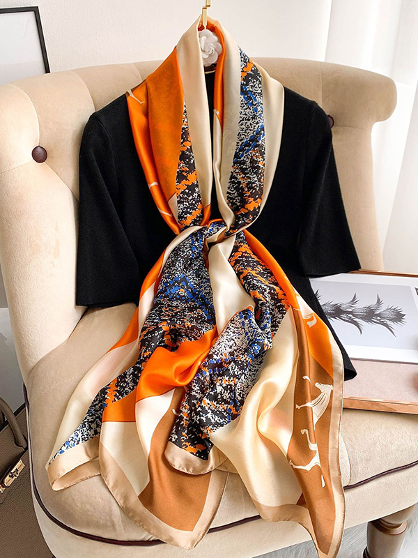 Beige Vintage Multi-colored Printed Silk Imitation Shawl&scarf
