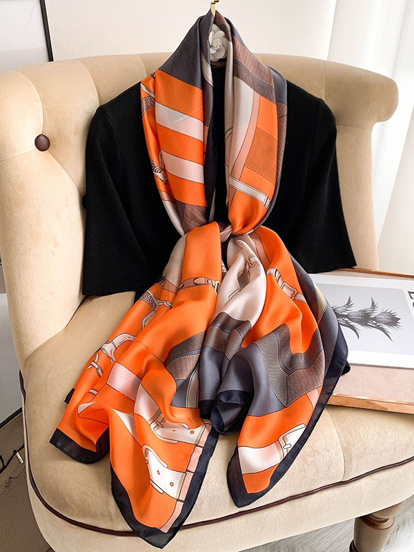 Orange Vintage Multi-colored Printed Silk Imitation Shawl&scarf