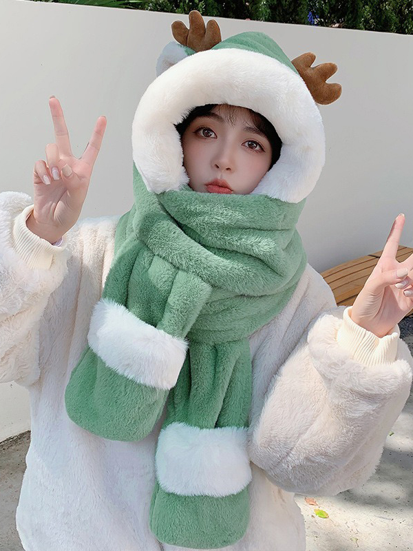 Urban Christmas Deer Contrast Color Winter Keep Warm Faux Fur Scarf Hat