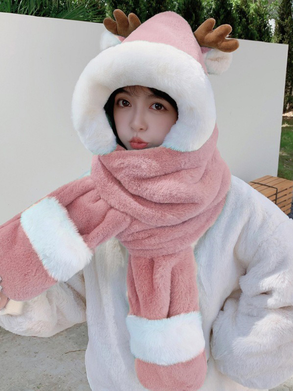 Pink Urban Christmas Deer Contrast Color Winter Keep Warm Faux Fur Scarf Hat