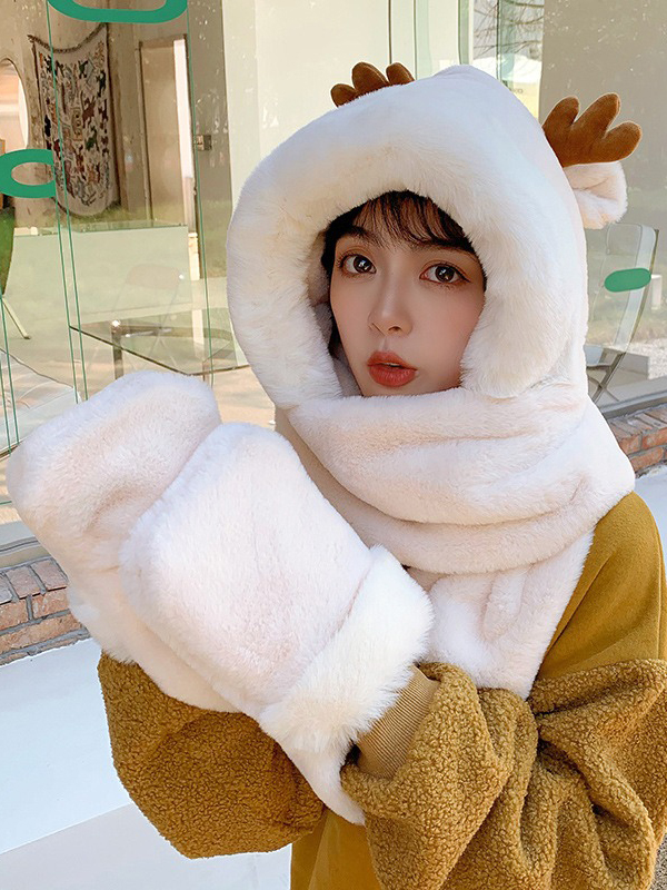 Beige Urban Christmas Deer Contrast Color Winter Keep Warm Faux Fur Scarf Hat