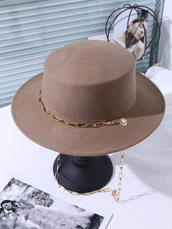 Coffee Vintage Wool Blend Solid Color Chain Top Hat