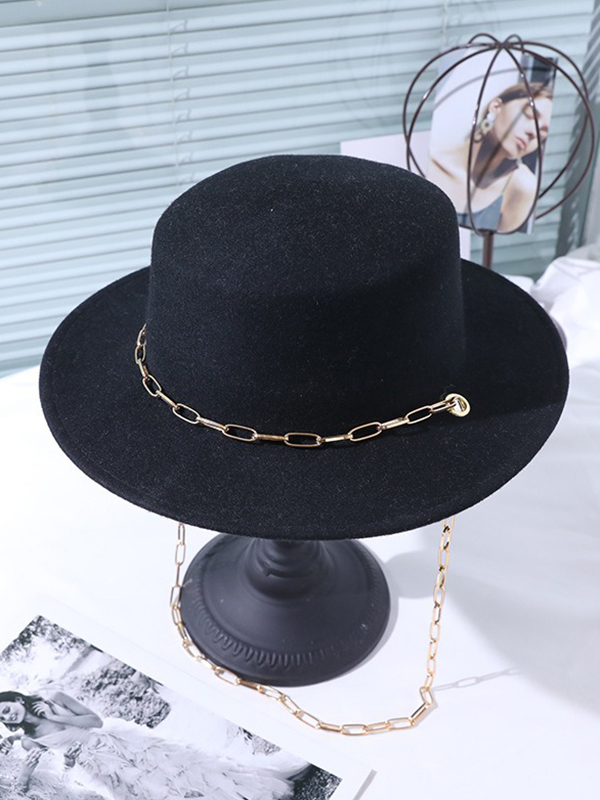 Black Vintage Wool Blend Solid Color Chain Top Hat