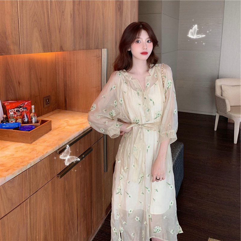 slim fit dress slacks Plus Size Lace Detail V-Neck Long Sleeve Mini Dress Rust / 3XL main image 0
