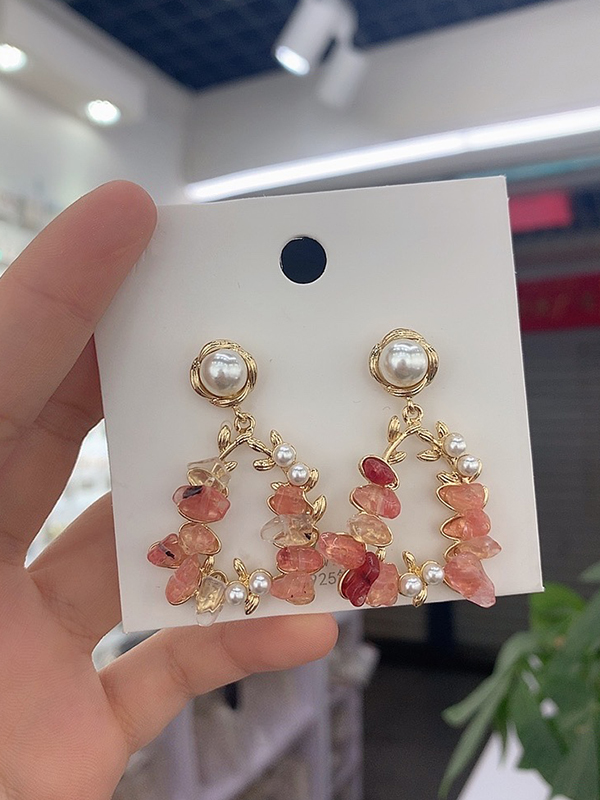Pink Simple Pearl Rhinestone Earrings Accessories