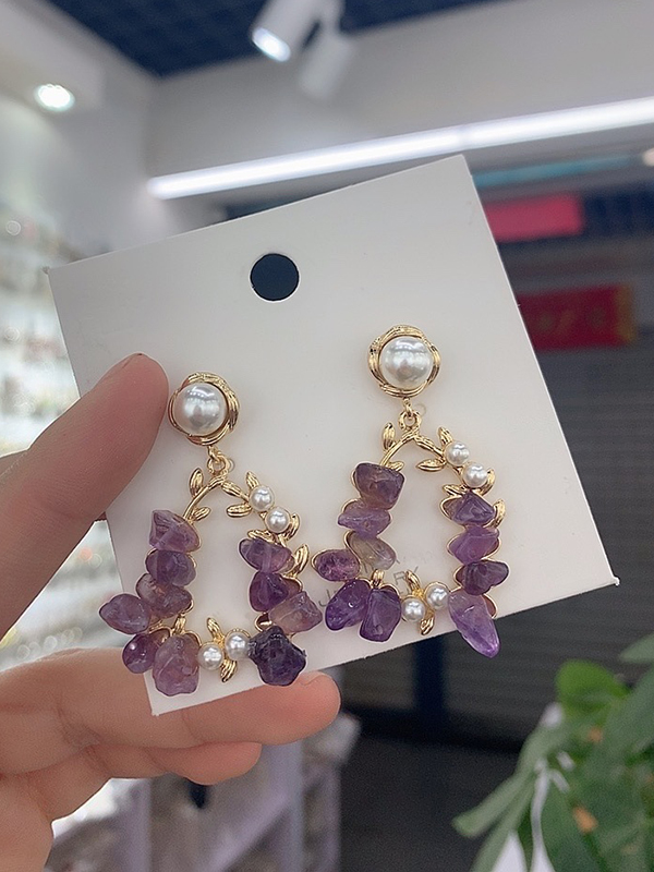 Purple Simple Pearl Rhinestone Earrings Accessories