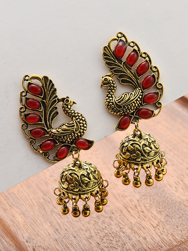 Red Original National Beads Phoenix Shape Earrings