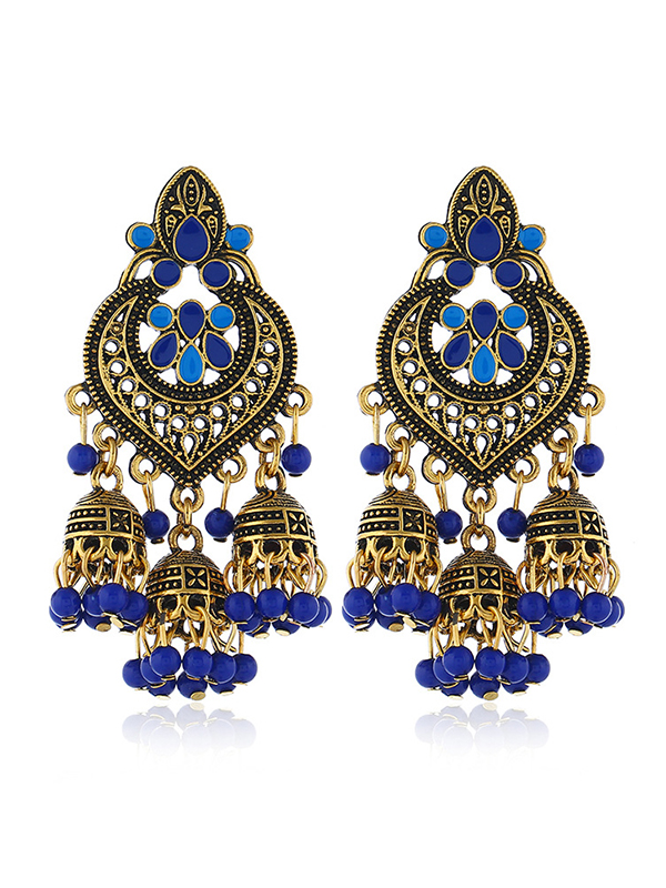 Blue Original Vintage Beads Tassels Earrings