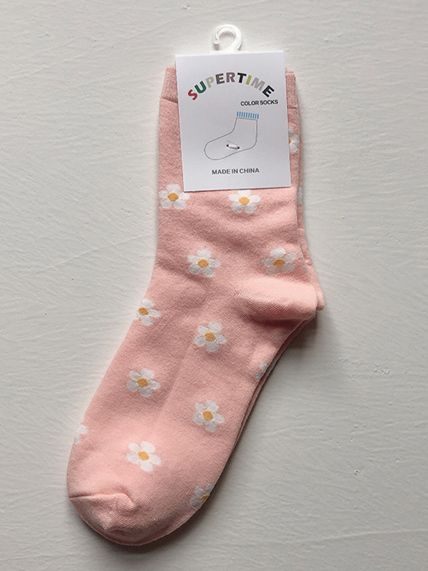 Pink Qute Flower Printed Socks