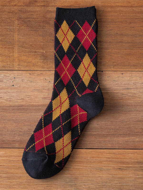 Black Vintage Contrast Colors Rhombic Printed Socks
