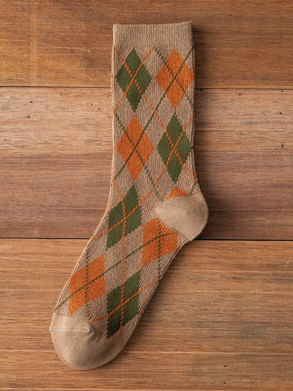 Khaki Vintage Contrast Colors Rhombic Printed Socks