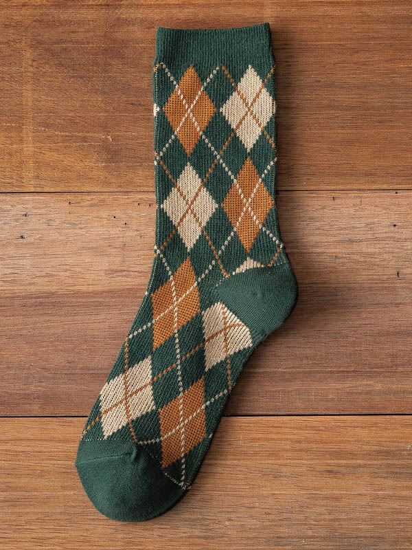 Green Vintage Contrast Colors Rhombic Printed Socks