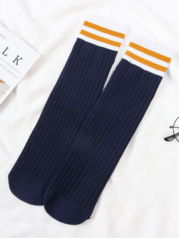 Navy Blue Vintage Contrast Color Striped Socks Accessories