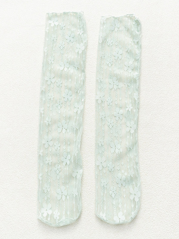 Light Green Artistic Retro Hollow Mesh Embroidered Striped Socks