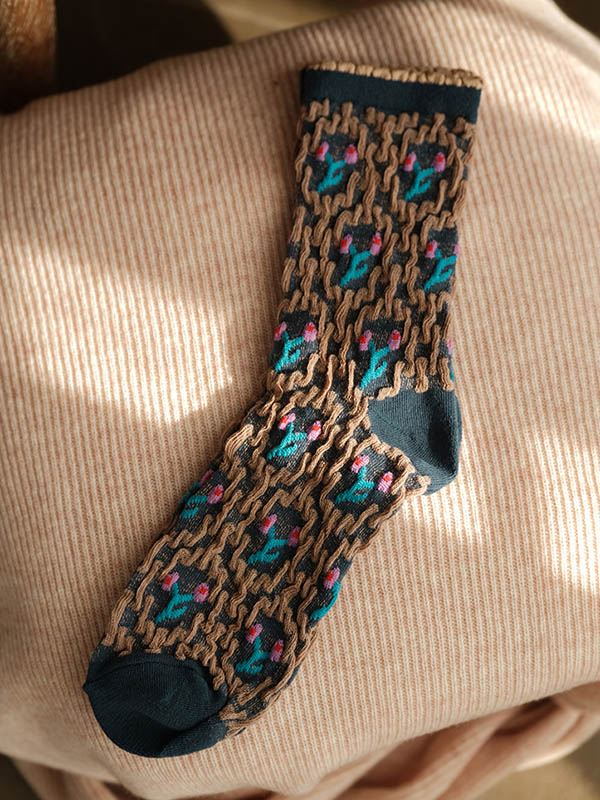 Blue Vintage Keep Warm Multi-colored Jacquard Socks Accessories