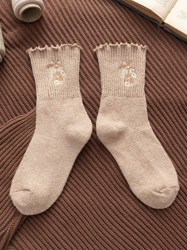 Khaki Vintage Thick Warm Embroidery Flowers Wool Socks