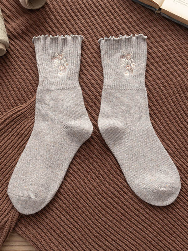 Light Gray Vintage Thick Warm Embroidery Flowers Wool Socks