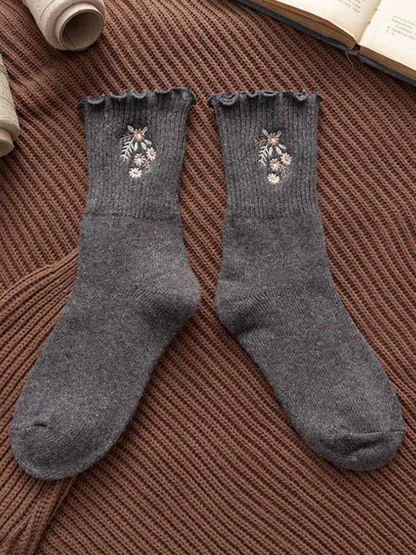 Deep Gray Vintage Thick Warm Embroidery Flowers Wool Socks