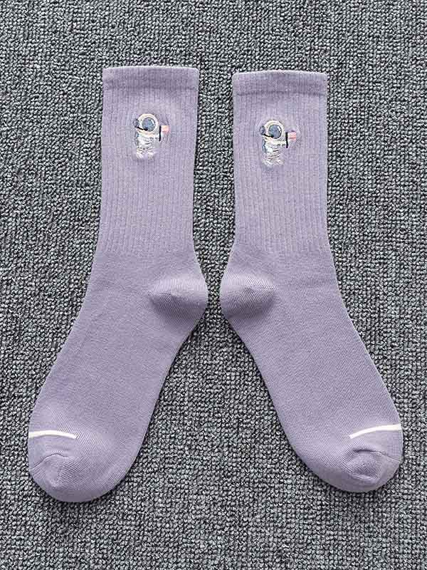 Light Purple Embroidery Cartoon Astronaut Pattern Socks