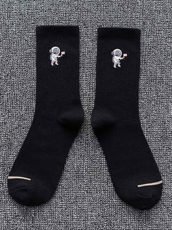 Black Embroidery Cartoon Astronaut Pattern Socks