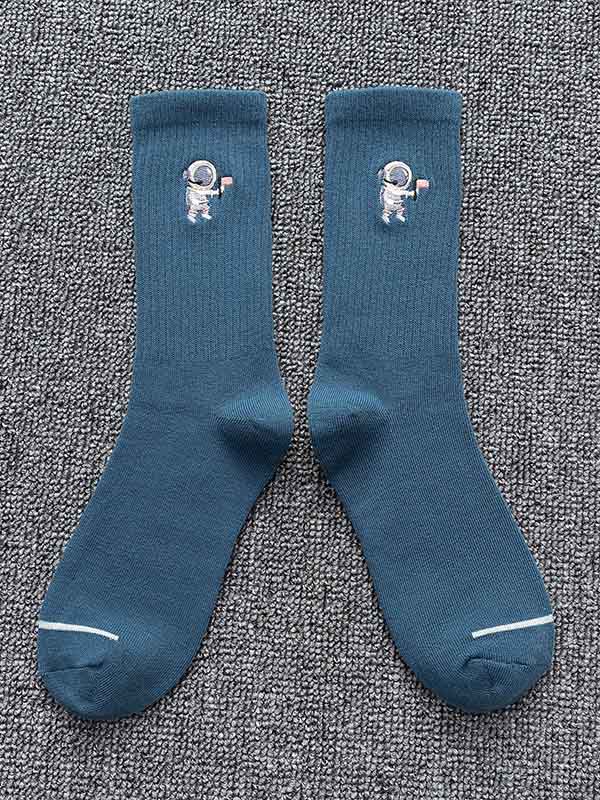 Blue Embroidery Cartoon Astronaut Pattern Socks