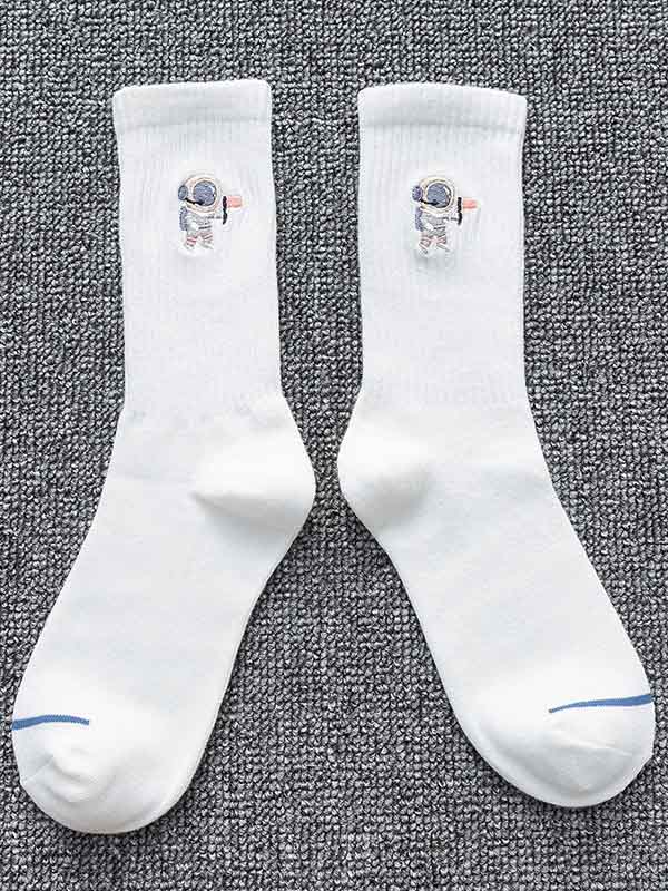 White Embroidery Cartoon Astronaut Pattern Socks