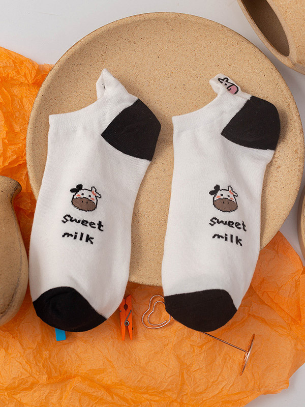White Cow Embroidery Qute Cartoon Socks