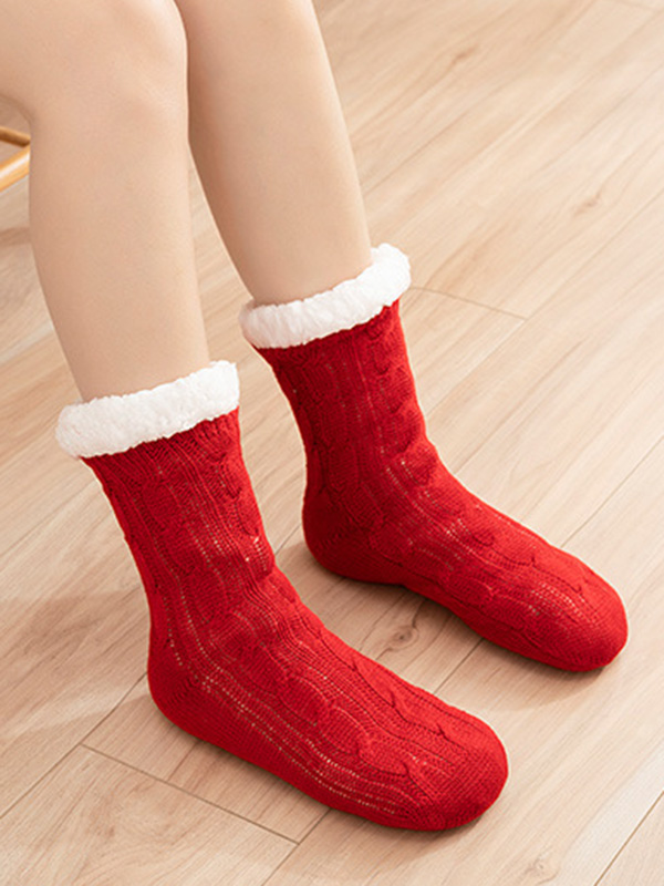 Red Casual Knitting Velvet Keep Warm Floor Socks