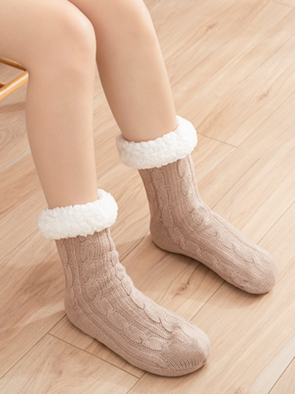 Khaki Casual Knitting Velvet Keep Warm Floor Socks