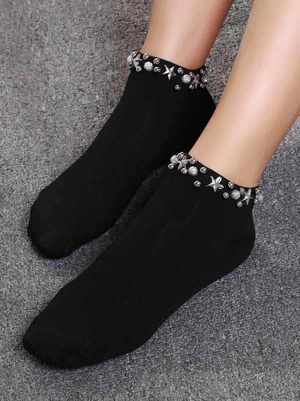 Black Casual Solid Rivet Ankle Sock