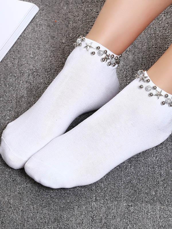 White Casual Solid Rivet Ankle Sock