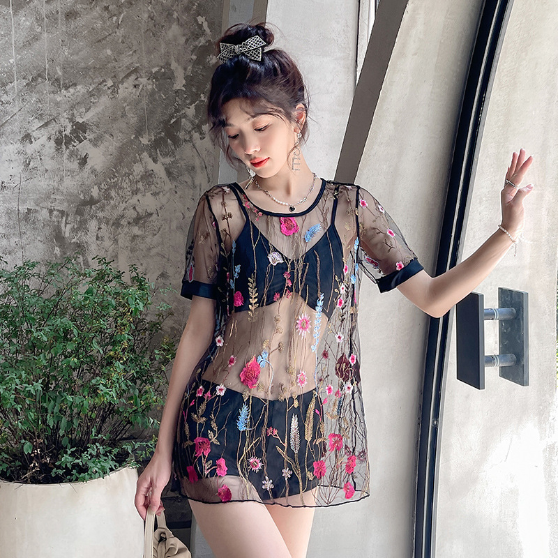 Pure Color Perspective Embroidery Loose Short Dress