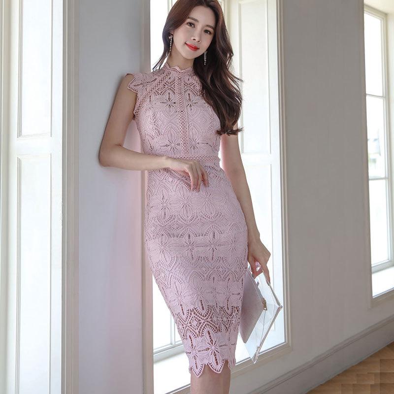 Ol Lady Style Half High Collar Lace Hollow Out And Lace Trim Fitted Dress