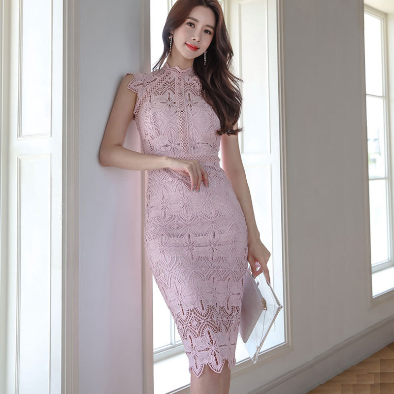 Ol Lady Style Half High Collar Lace Hollow Out And Lace Trim Fitted Dress  on Luulla