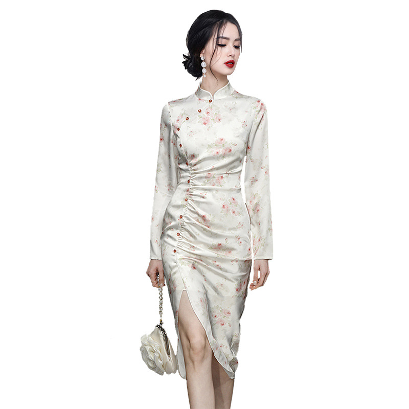 Chinese Inspired Stand Collar Qipao Style Printed Dress