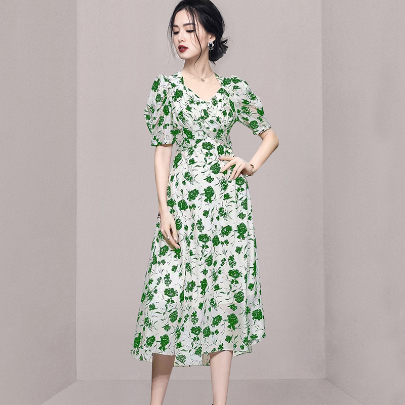 Summer New Arrival Fashionable Slim Fit Printed Bubble Sleeve Dress