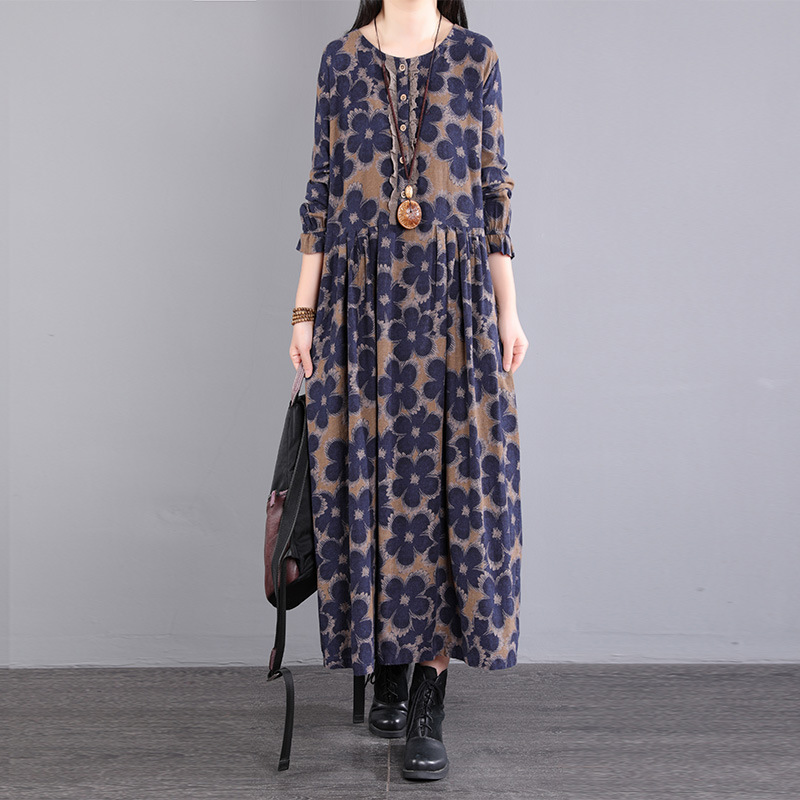 Casual Long Sleeves Loose Floral Printed Round-neck Midi Dresses