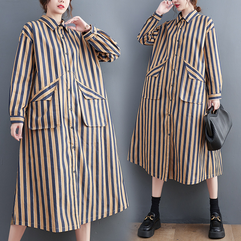 Original Loose Long Sleeves Buttoned Striped Lapel Collar Midi Shirt Dresses