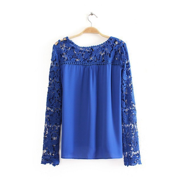 Lace Woven Openwork Hollow Out Stitching Lace Sleeves Chiffon Blouse