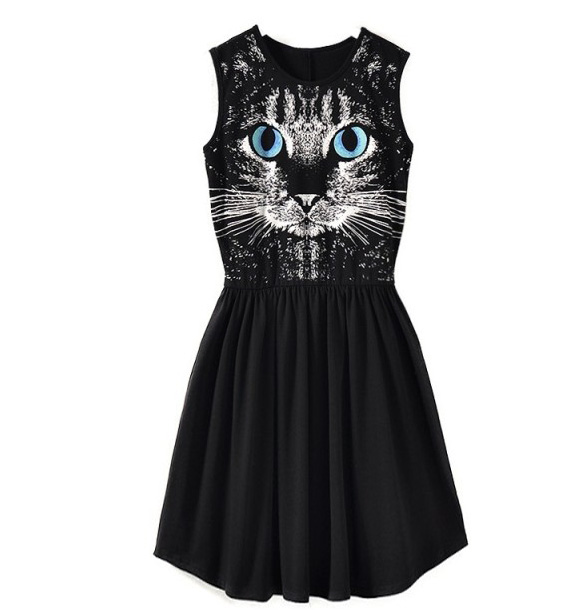 European Style Women's Blue Eyes Cat Print Sleeveless Cotton Vest Dress