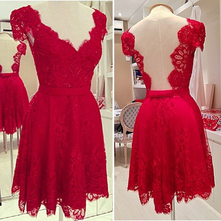 Women's Selling Sexy V- Neck Red Lace Dress Backless Dresses