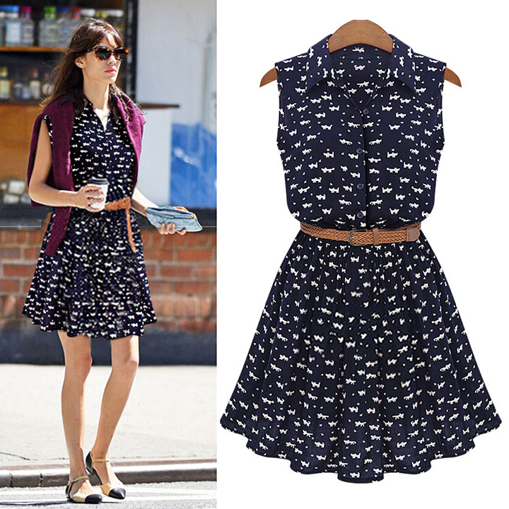 Women Summer Dress Casual Ladies Sleeveless Shirtdress With Belt