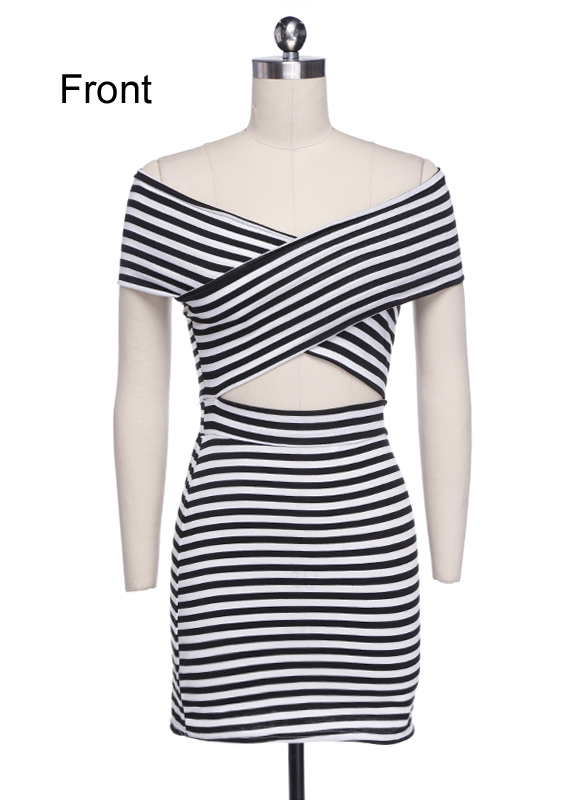 Stylish Lady's Stripe Pattern Off-shoulder Bodycon Tunic Mini Dress