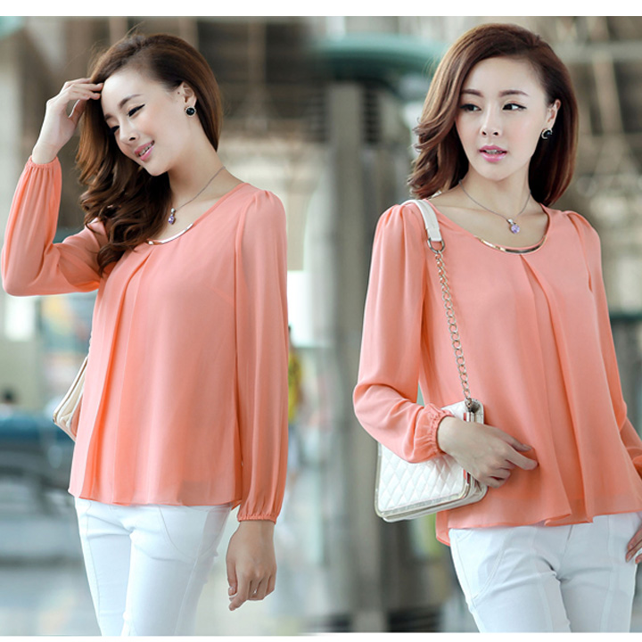 Women's Tops Long Sleeve Casual Chiffon Pleated Shirt Career Blouse