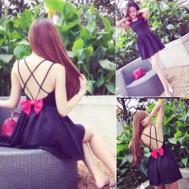 Women Sexy Round Neck Sleeveless Backless Bow Tie Solid A-line Strap Mini Dress