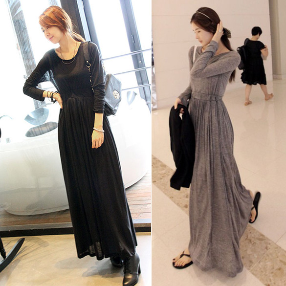 Korea Women Ol Round Neck Long Sleeve Slim Maxi Long Dress Spring Fall Khaki Black